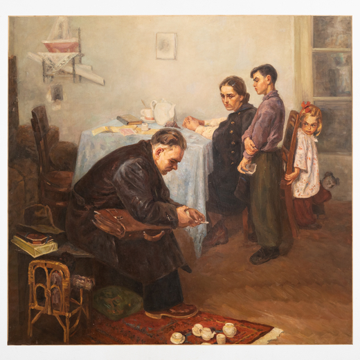YURI ANDREEVICH KORLYAKOV (ATTR. A) 1921 - 1981<br>Scena dinterno<br>Olio su tela, cm 151X192