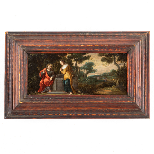 PITTORE FIAMMINGO DEL XVII SECOLO Cristo e la Samaritana <br>Olio su tavola, cm 12X27
