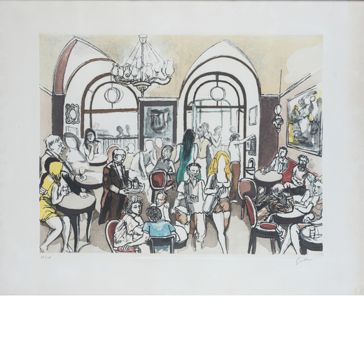 RENATO GUTTUSO Bagheria 1911- Roma 1987<br>Caffe` Greco<br>Litografia a colori su carta, cm 60,5 x 7