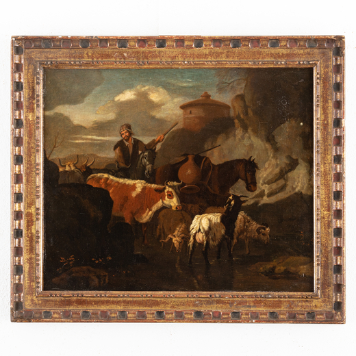 PIETER VAN BLOEMEN (attr. a) (Anversa, 1657 - 1720)<br>Paesaggio pastorale<br>Olio su tela, cm 38,5X