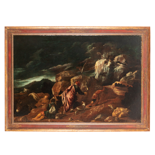 PEDRO ORRENTE  (Murcia, 1580 - Valencia, 1645)  <br>Il sacrificio di Isacco<br>Olio su tela, cm 100,