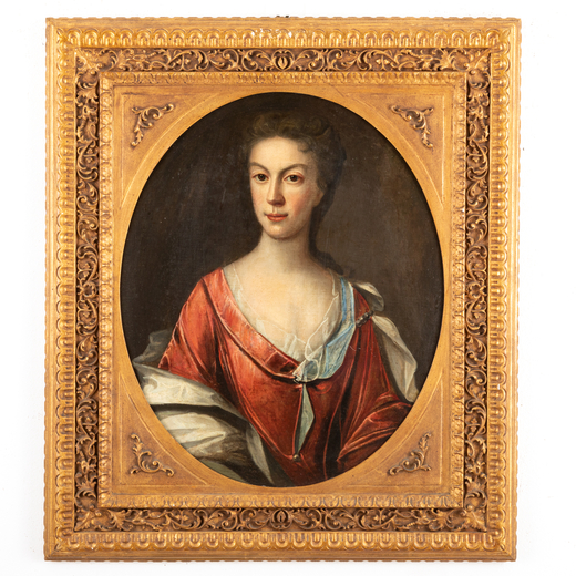MICHAEL DAHL (attr. a) (Stoccolma, 1659 - Londra, 1743)<br>Dama in abito rosso <br>Olio su tela oval