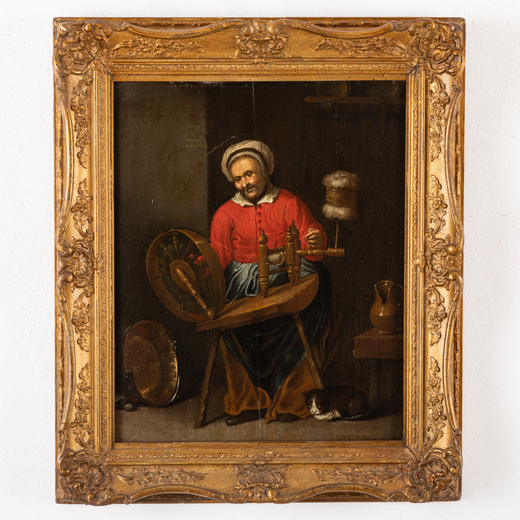 ABRAHAM DE PAPE (attr. a) (Leida, 1620 - 1666) <br>Vecchia allarcolaio e gatto <br>Olio su tavola, c