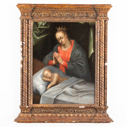 PITTORE FIAMMINGO DEL XVI-XVII SECOLO Madonna con il Bambino addormentato<br>Olio su tavola, cm 66X5