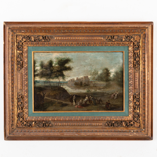 PITTORE DEL XVIII SECOLO Paesaggio con figure <br>Olio su tela, cm 35,5X53,5