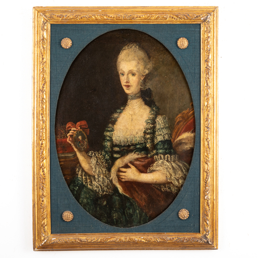 PITTORE DEL XVIII SECOLO Ritratto di dama con miniatura<br>Olio su tela, cm 97X70