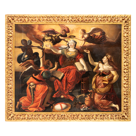 MAERTEN DE VOS (cerchia di) (Anversa, 1532 - 1603)<br>Allegoria dei quattro nemici della Fede <br>Ol