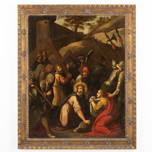 PITTORE FIAMMINGO DEL XVII SECOLO Salita al calvario con Santa Veronica<br>Olio su tela, cm 116X91