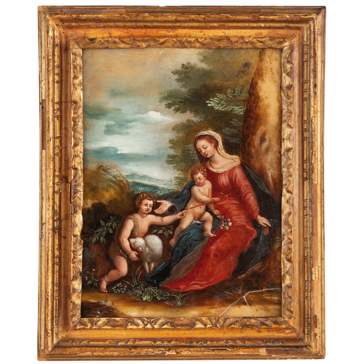 PITTORE DEL XVII - XVIII SECOLO Madonna con il Bimbo e San Giovannino in un paesaggio<br>Olio su ala