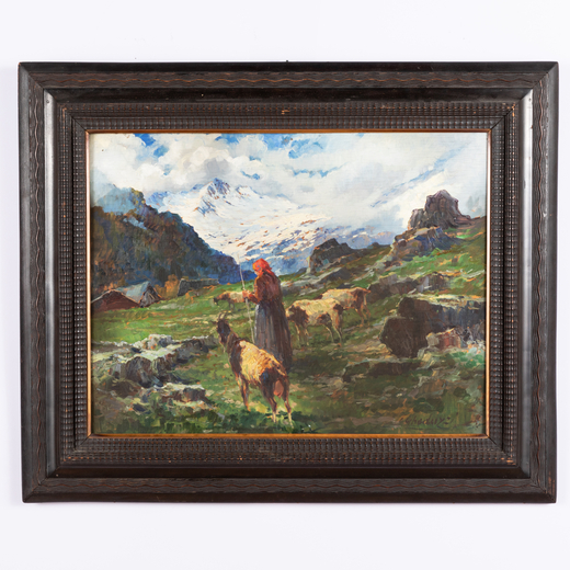 CESARE GHEDUZZI Crespellano, 1894 - Torino, 1944<br>Paesaggio di montagna con contadina <br>Firmato 