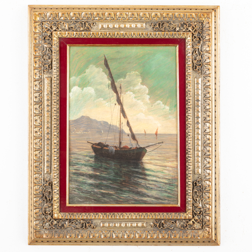 PITTORE DEL XIX-XX SECOLO <br>Marina con barca a vela <br>Pastello su cartoncino, cm 62X43