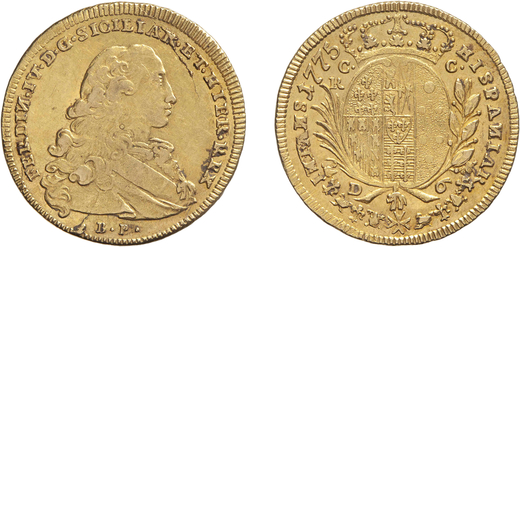 ZECCHE ITALIANE. NAPOLI. FERDINANDO IV (1759-1798). 6 DUCATI 1775 Oro, 8,80 gr, 27 mm. Migliore di B