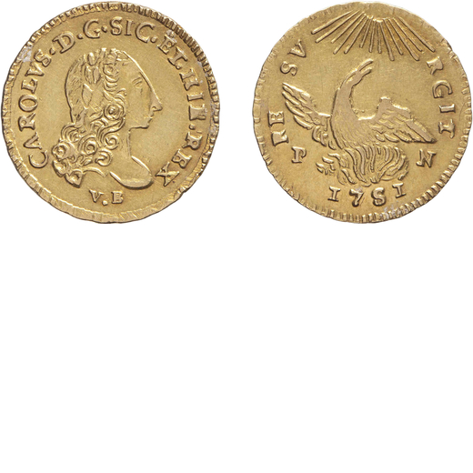 ZECCHE ITALIANE. PALERMO. CARLO DI BORBONE (1734-1759). ONCIA 1751 Oro, 4,42 gr, 22 mm. BB<br>D: CAR