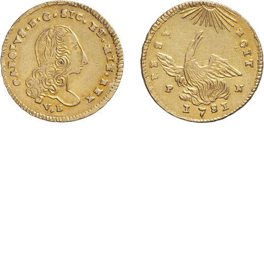 ZECCHE ITALIANE. PALERMO. CARLO DI BORBONE (1734-1759). ONCIA 1751 Oro, 4,38 gr, 22 mm. BB<br>D: CAR