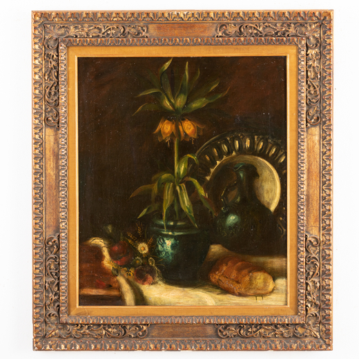 PITTORE DEL XIX-XX SECOLO <br>Natura morta con pane, fiori e brocca<br>Olio su tela, cm 76X64
