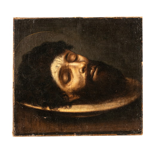 PITTORE DEL XVII-XVIII SECOLO La testa del Battista<br>Olio su tela, cm 35,5X39