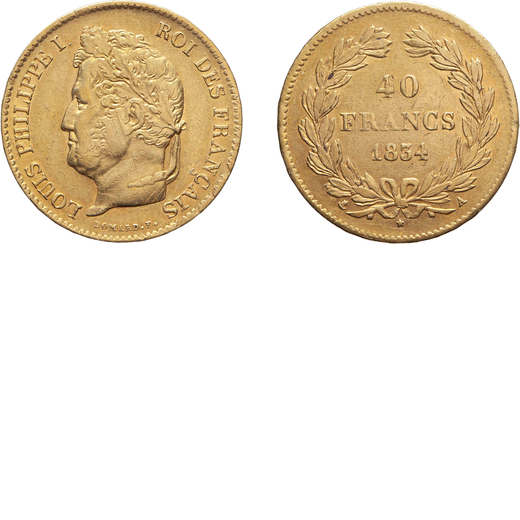 ZECCHE ESTERE. FRANCIA. LUIGI FILIPPO I. 40 FRANCHI 1834 Oro, 12,86 gr, 26 mm. BB<br>D: Testa laurea