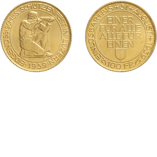 ZECCHE ESTERE. SVIZZERA. TIRI FEDERALI 100 FRANCHI 1939 Oro, 17,50 grammi (900/oo), 27,5 mm. Colpett