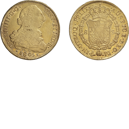 ZECCHE ESTERE. CILE. CARLO IV (1788-1808). 8 SCUDI 1805 FJ Santiago del Cile. Oro, 27,06 gr, 38 mm. 