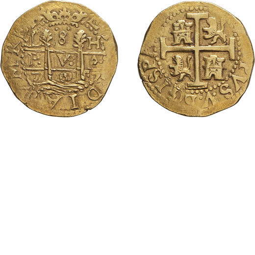 ZECCHE ESTERE. PERU. FILIPPO V. 8 SCUDI 1707 Oro, 27 gr, 31x32 mm. Rara. BB<br>D: Croce con castelli