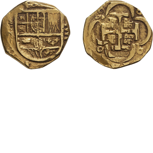 ZECCHE ESTERE. SPAGNA. FILIPPO II (1556-1598) 4 SCUDI Siviglia. Oro, 13,33 gr, 25x26 mm. BB<br>D: Sc