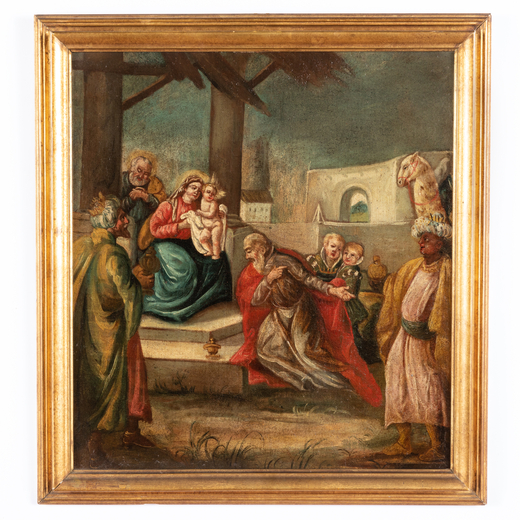 PITTORE VENETO DEL XVII SECOLO Adorazione dei Magi<br>Olio su tela, cm 55,5X50 