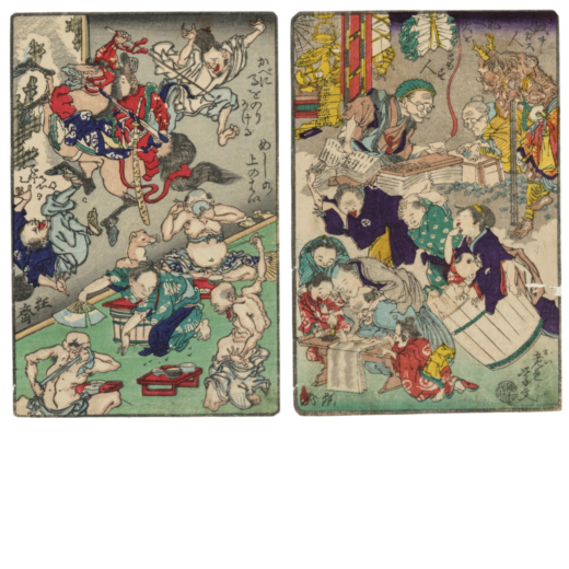 DODICI STAMPE IN FORMATO PICCOLO FIRMATE KAWANABE KYOSAI (1831-1889), GIAPPONE, XIX SECOLO