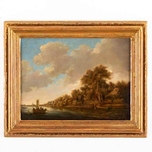 PITTORE DEL XIX-XX SECOLO Paesaggio fluviale<br>Olio su tela, cm 38X49