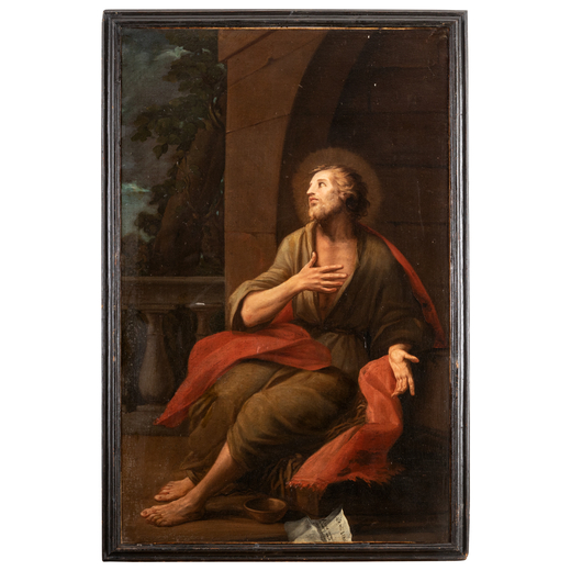 PITTORE ATTIVO A ROMA NEL XVIII SECOLO Figura di Santo <br>Olio su tela, cm 145X92,5