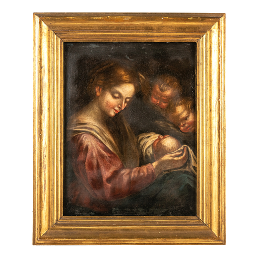 LUBIN BAUGIN (cerchia di) (Pithiviers, Loiret, 1610 - Parigi, 1663)<br>Madonna con il Bambino e cher