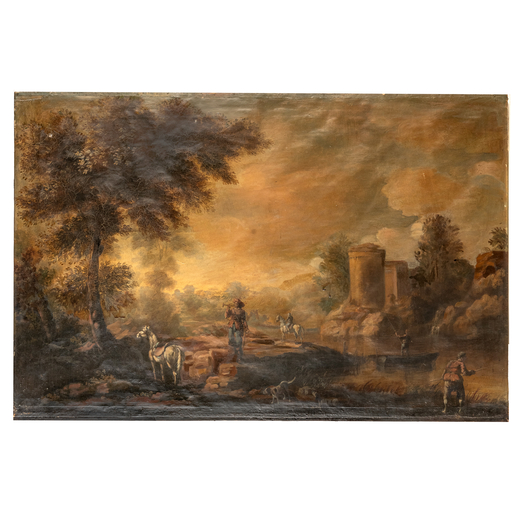 PITTORE DEL XIX-XX SECOLO <br>Paesaggio<br>Olio su tela, cm 93X140
