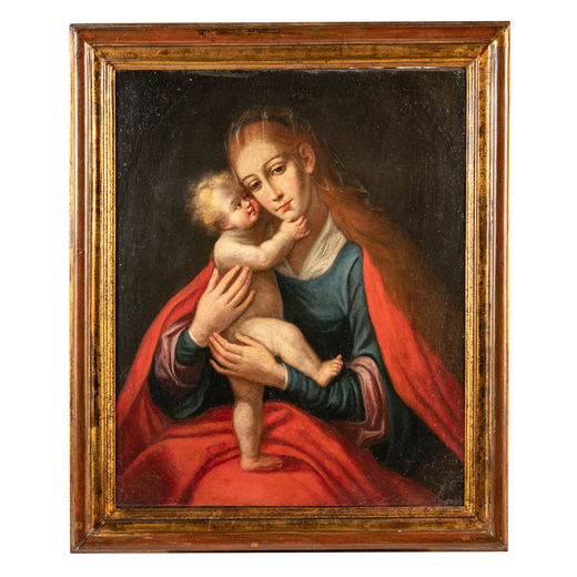 PITTORE DEL XVII SECOLO  Madonna con il Bambino <br>Olio su tela, cm 92X73,5