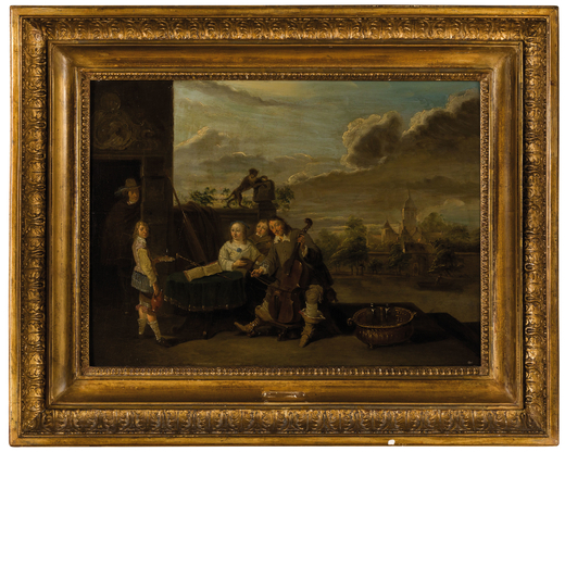 DIRCK VAN DELEN (attr. a) (Heusden, 1604 o 1605 - Arnemuiden, 1671)<br>Musici <br>Olio su tavola, c