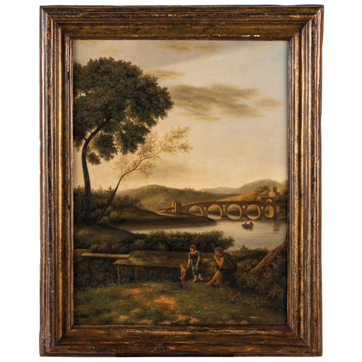 PITTORE DEL XVIII-XIX SECOLO Paesaggio con figure <br>Olio su tela, cm 60X45