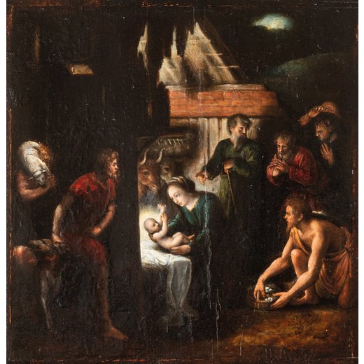 PITTORE CREMONESE DEL XVI-XVII SECOLO Adorazione dei Pastori<br>Olio su tavola, cm 20X20