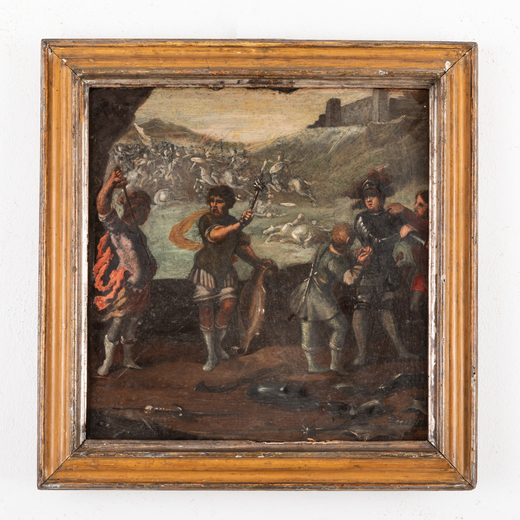 GIOVANNI BOULANGER (attr. a) (Troyes, 1606 - Modena, 1660)<br>La fucina di Vulcano<br>Olio su ardesi