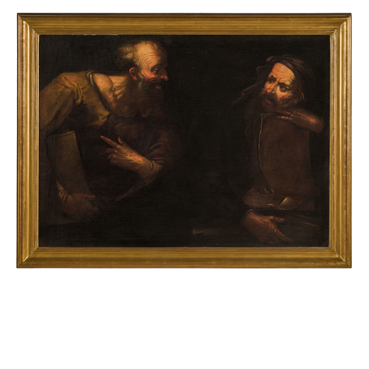 PIETRO BELLOTTI (attr. a) (Volciano, 1625 - Gargnano, 1700)<br>Due filosofi<br>Olio su tela, cm 93X1