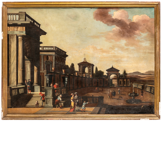 VICENTE GINER (attr. a) (attivo a Roma tra il 1660 - 1670)<br>Capriccio architettonico con figure<br