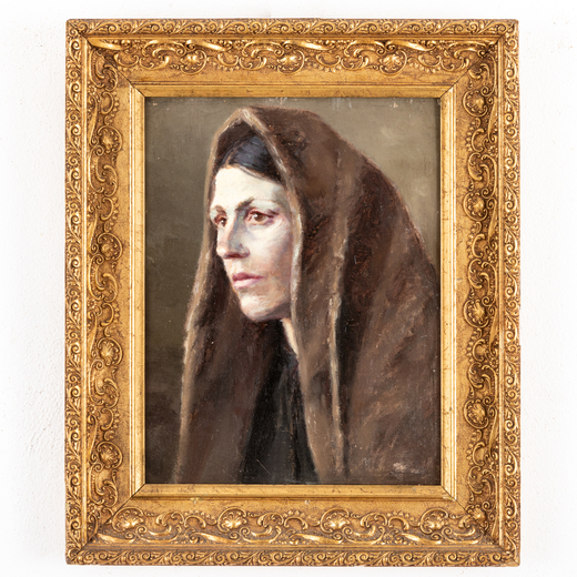 PITTORE DEL XX SECOLO <br>Ritratto di donna con velo<br>Olio su cartone, cm 41,5X32