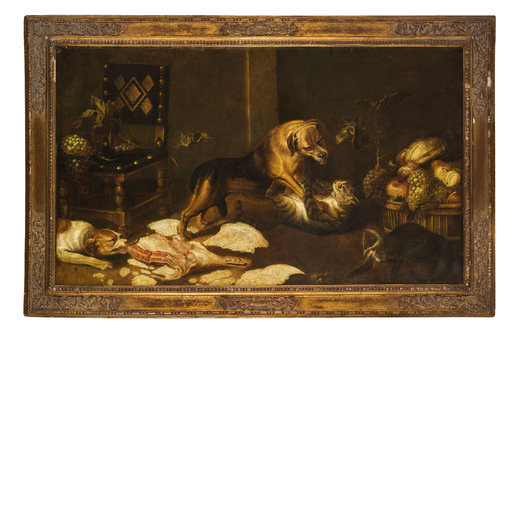 PAUL DE VOS (seguace di) (Hulst, 1591-1592 o 1595 - Anversa, 1678)<br>Interno di cucina con cani e g