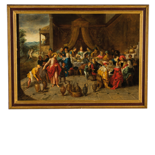 PITTORE FIAMMINGO DEL XVI-XVII SECOLO Nozze di Cana<br>Olio su tela, cm 71X100