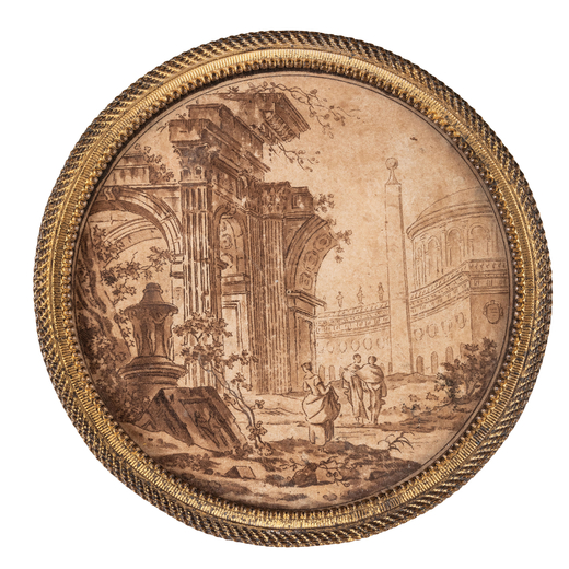 DISEGNATORE DEL XVIII-XIX SECOLO capriccio architettonico con figure e rovine, entro cornice circola
