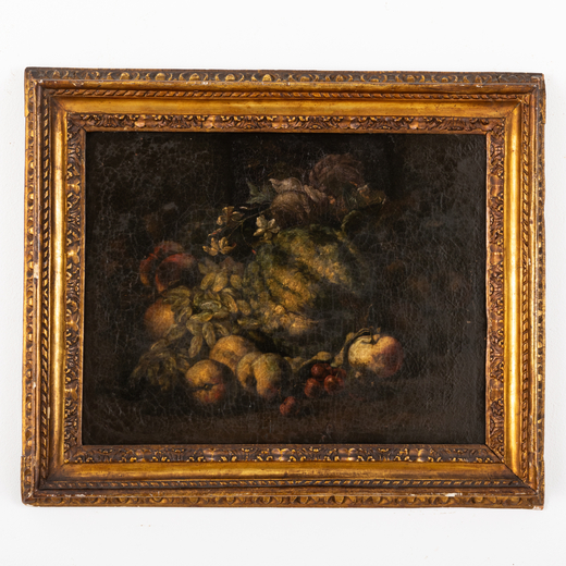 ABRAHAM BRUEGHEL (maniera di) (Anversa, 1631 - Napoli, 1697)<br>Natura morta con melone e frutti<br>