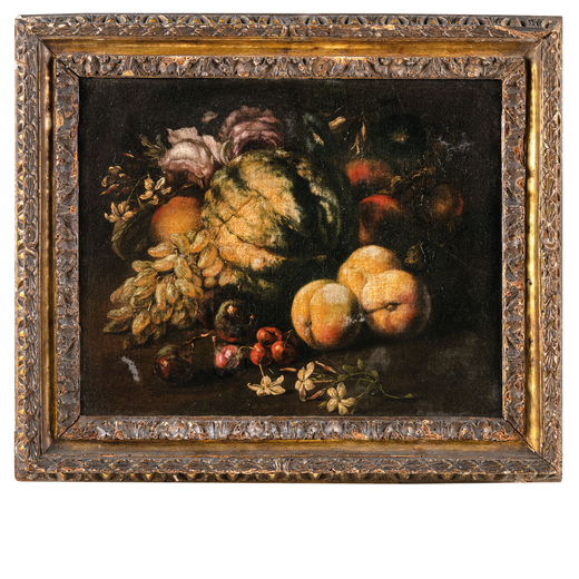 ABRAHAM BRUEGHEL (seguace di) (Anversa, 1631 - Napoli, 1697)<br>Natura morta con melone, frutti e ro