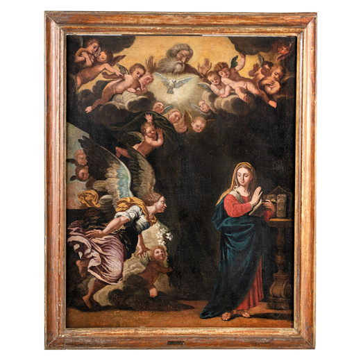 FRANCESCO ALBANI (bottega di) (Bologna, 1578 - 1660)<br>Annunciazione <br>Olio su tela, cm 116X90