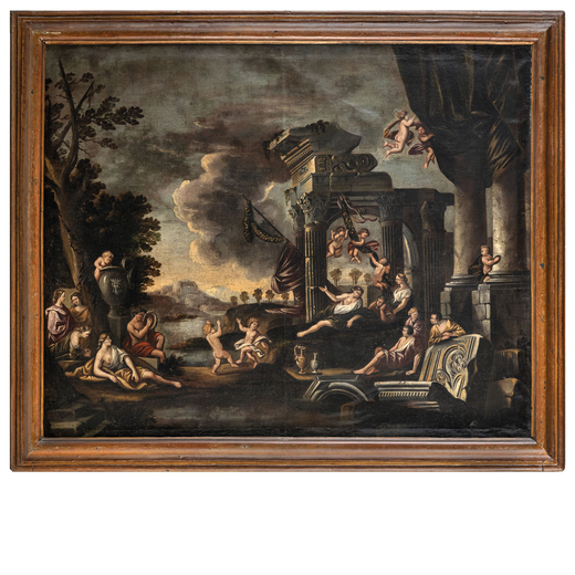 GIOVANNI GHISOLFI (seguace di) (Milano, 1623 - 1683)<br>Capriccio <br>Olio su tela, cm 112X140
