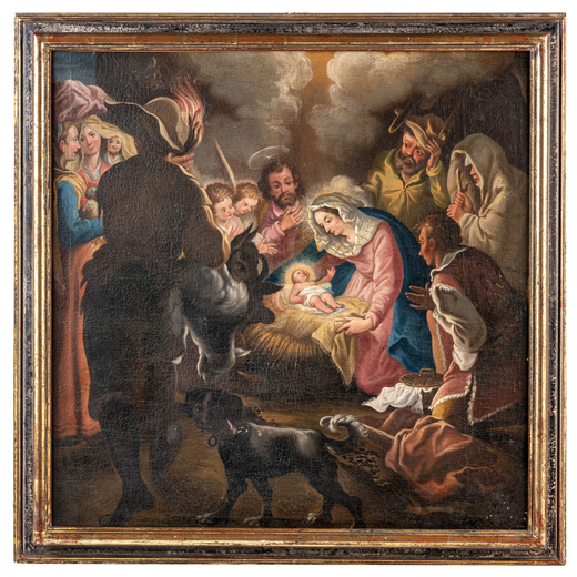 PITTORE DEL XVI-XVII SECOLO Adorazione dei pastori<br>Olio su tela, cm 87X87