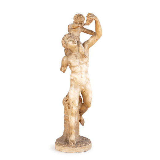 GRUPPO IN ALABASTRO, XIX SECOLO  raffigurante Bacco con Cupido da modello classico, base circolare c