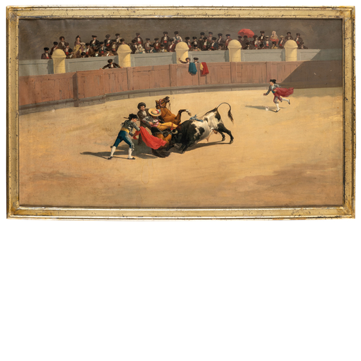 JOAQUIN DIEZ Siviglia, 1856 - 1882<br>Il picador nella plaza de toros <br>Olio su tela, cm 59X100