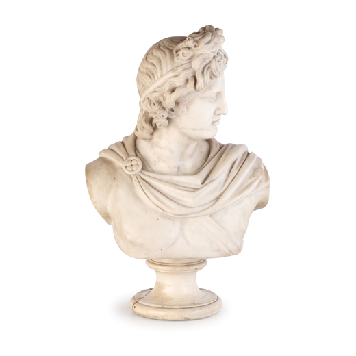 SCULTURA IN MARMO BIANCO, XIX-XX SECOLO  raffigurante busto di Apollo del Belvedere dal noto prototi